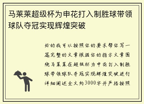 马莱莱超级杯为申花打入制胜球带领球队夺冠实现辉煌突破 马莱莱超级杯为申花打入制胜球带领球队夺冠实现辉煌突破
